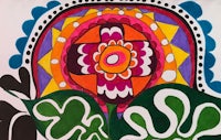 a colorful drawing of a flower and leaves